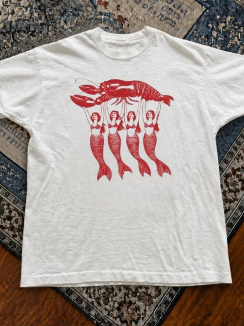 Gildan White Short Sleeve Tee with Red Lobster and Mermaids Graphic